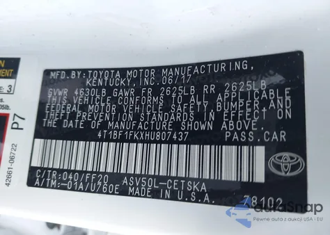 2017 Toyota Camry Se из США, поврежденный, VIN 4T1BF1FKXHU807437